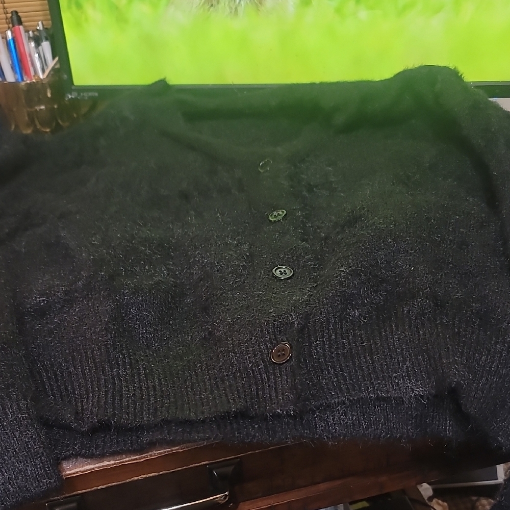 Black Knit Cardigan Sweater with Ribbed Details